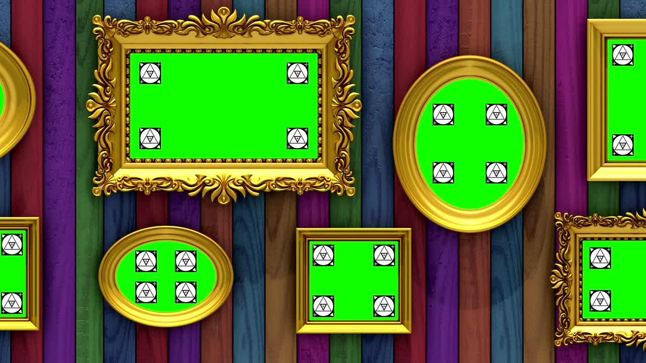 그림 갤러리 3d 애니메이션: 다채로운 나무 배경에 금색 그림 프레임, 카메라가 벽을 따라 움직이고, 원활한 루프, 모션 추적 마커 및 녹색 화면이 포함되어 있습니다.