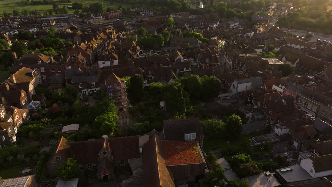 Aerial View Of Rye Town During Sunset With Traditional Houses And Buildings In East Sussex, England, UK