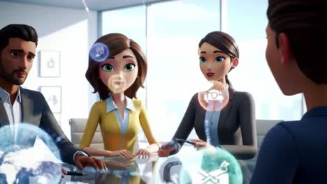 a dynamic team meeting in a modern office setting, showcasing collaborative discussion among professionals with digital interaction elements representing ideas and communication