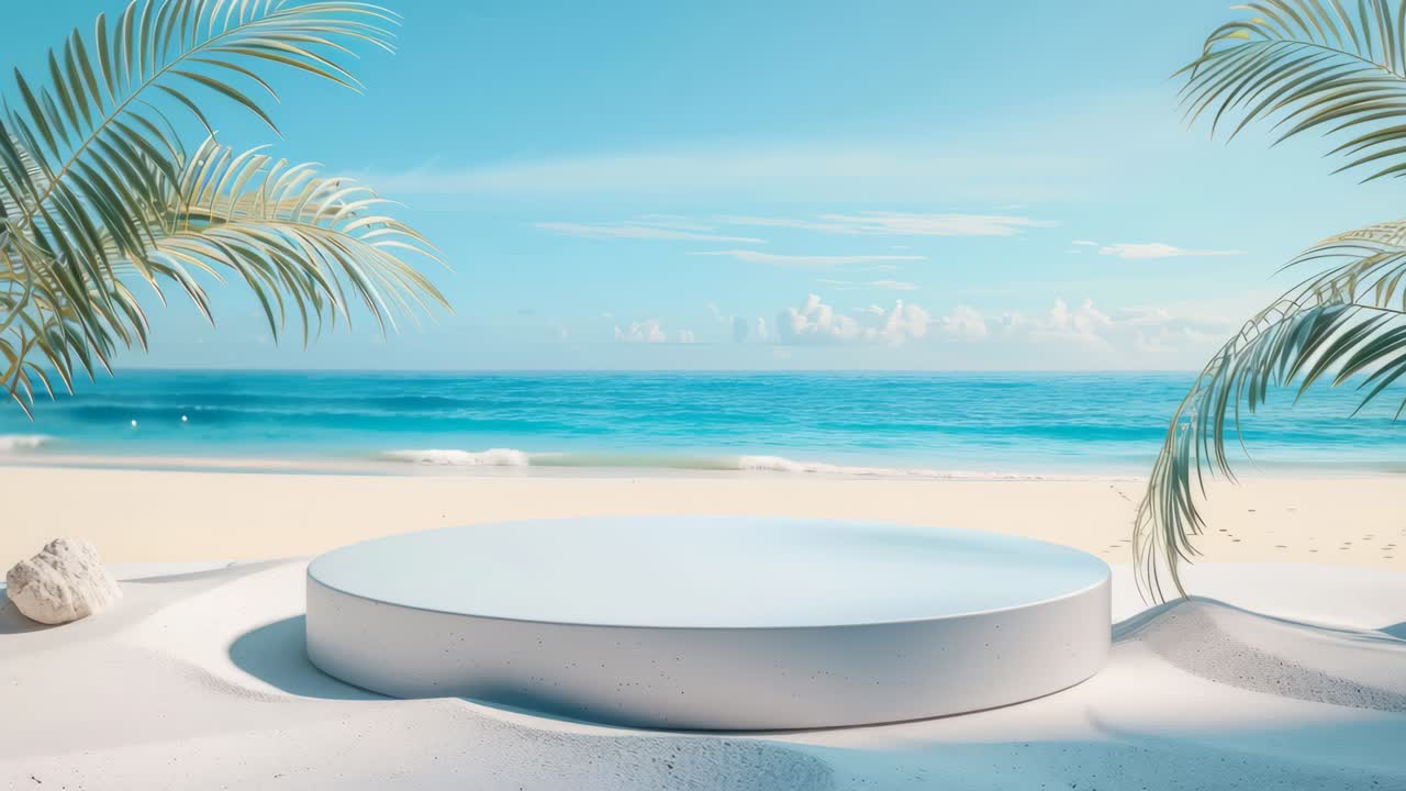 Fugleperspektiv af en minimalistisk strandscene med en cirkulær platform, omgivet af palmeblade.