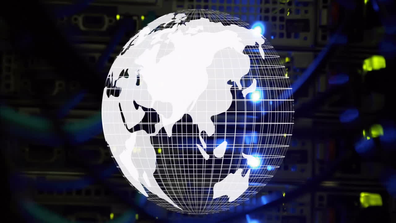 Digital network animation with glowing points and grid lines over server racks