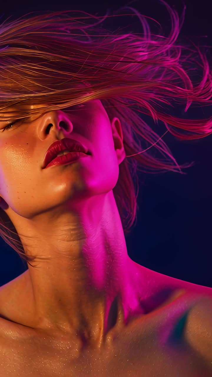 Video verticale: Modella che lancia i capelli a comando per un ritratto in studio, con labbra rosse contornate di rosa e collo scoperto.