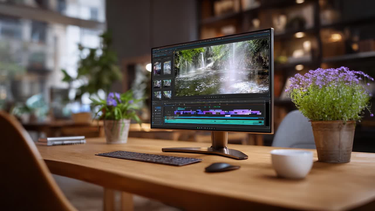 Un’area di lavoro creativa con monitor di editing, scrivania lineare e piante rigogliose in un ambiente luminoso e moderno per l’editing video e la creazione di contenuti.