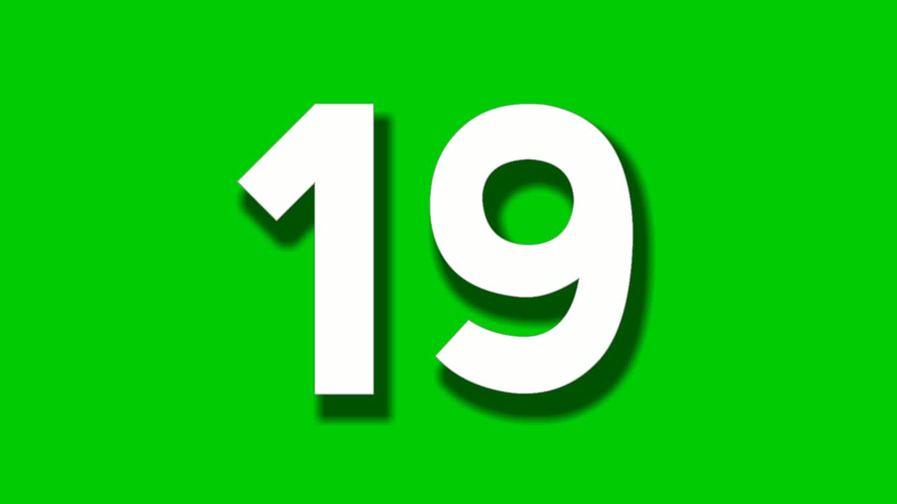 número diecinueve animación de dibujos animados en fondo de pantalla verde, 4k vídeo de dibujo animado número gráficos de movimiento para elementos de video