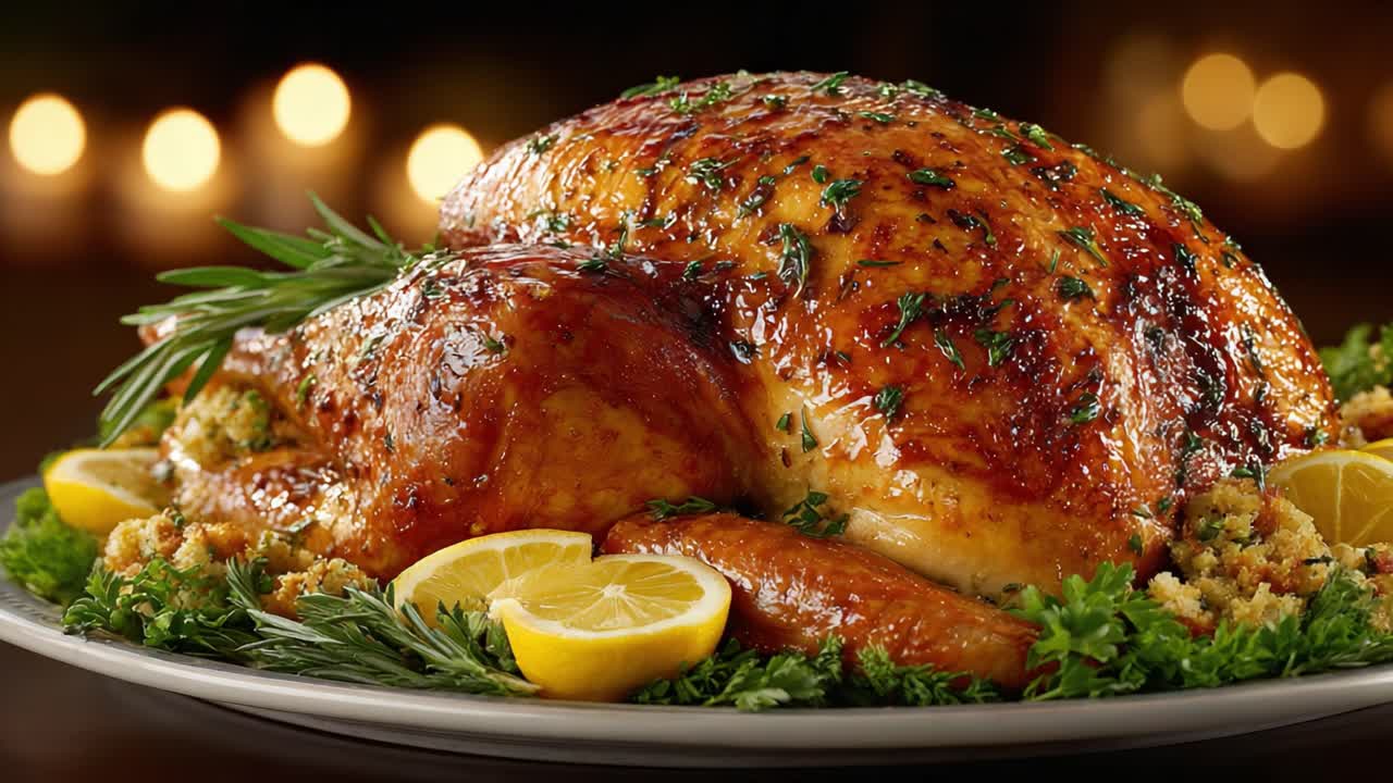 A delectable roasted turkey adorned with fresh herbs and lemon slices, perfectly golden brown and served on a bed of garnished stuffing, ideal for festive celebrations