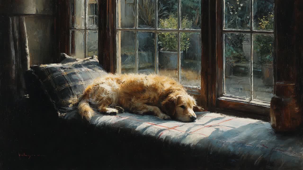A Serene Golden Retriever Relaxing in a Sunlit Window Nook, Surrounding by Lush Greenery, Capturing a Tranquil Moment of Contentment and Peace