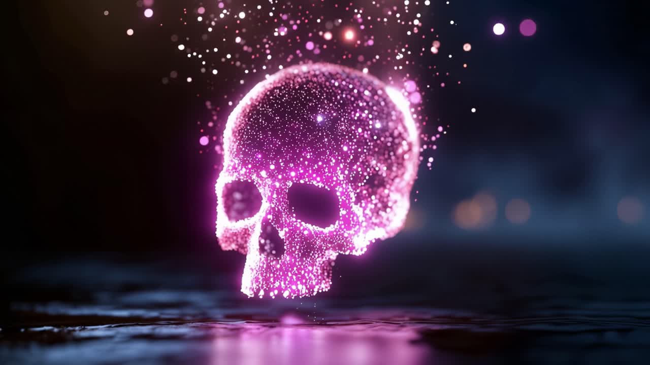 Un teschio luminoso pulsa con particelle rosa. Scintille fluttuano verso l'alto dalla sua superficie. L'acqua scura riflette la sua luce scintillante. Un'aura misteriosa e inquietante circonda il teschio. Perfetto per ambientazioni inquietanti e mistiche.