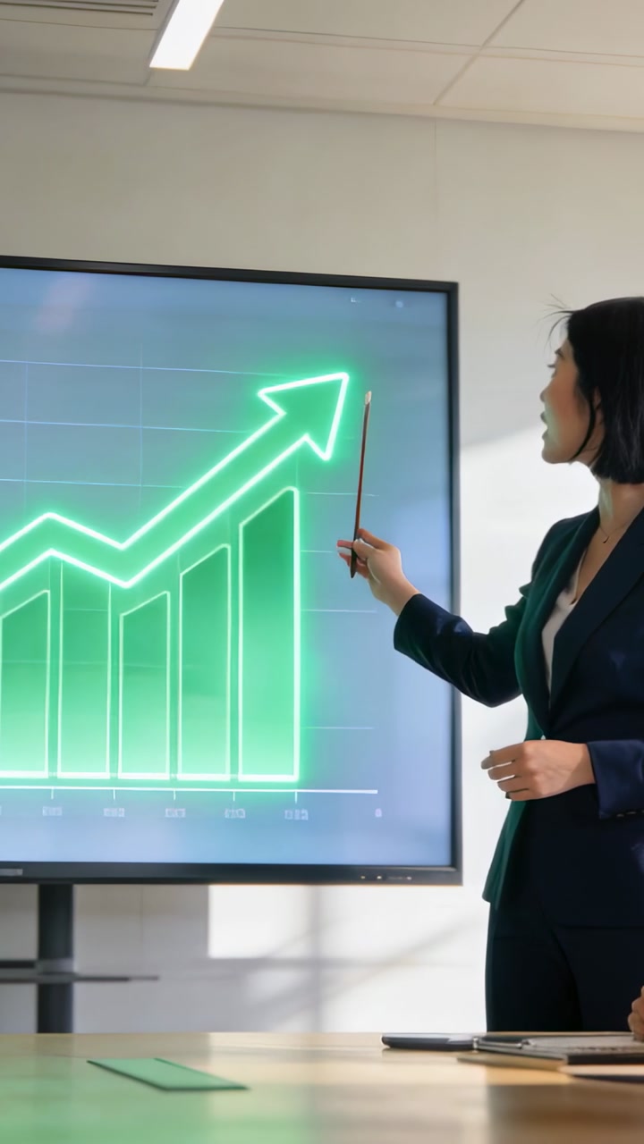 Vertical video: Slide cueing speaker in navy blazer moving pointer up screen in office, copy space