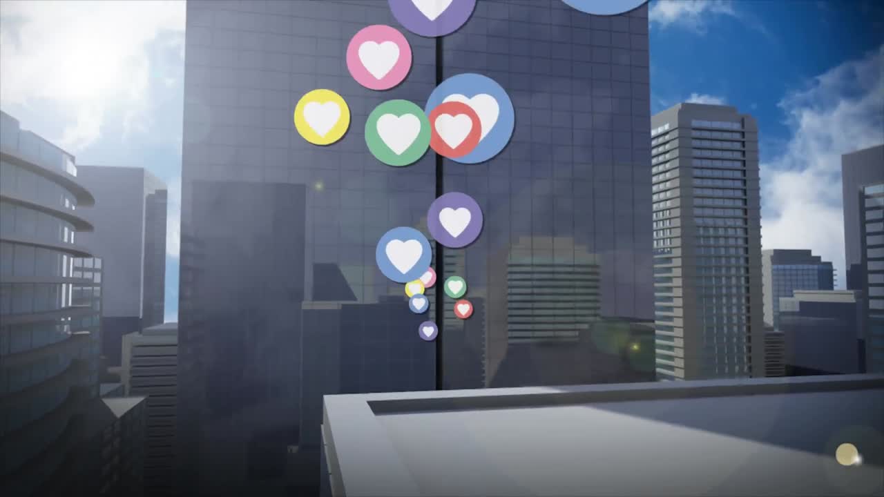 소셜 미디어의 애니메이션 사랑의 심장 아이콘 도시 풍경