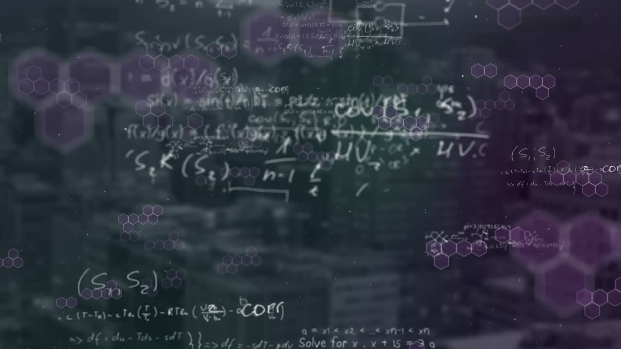 Animation of mathematics equations, statistics showing over a cityscape