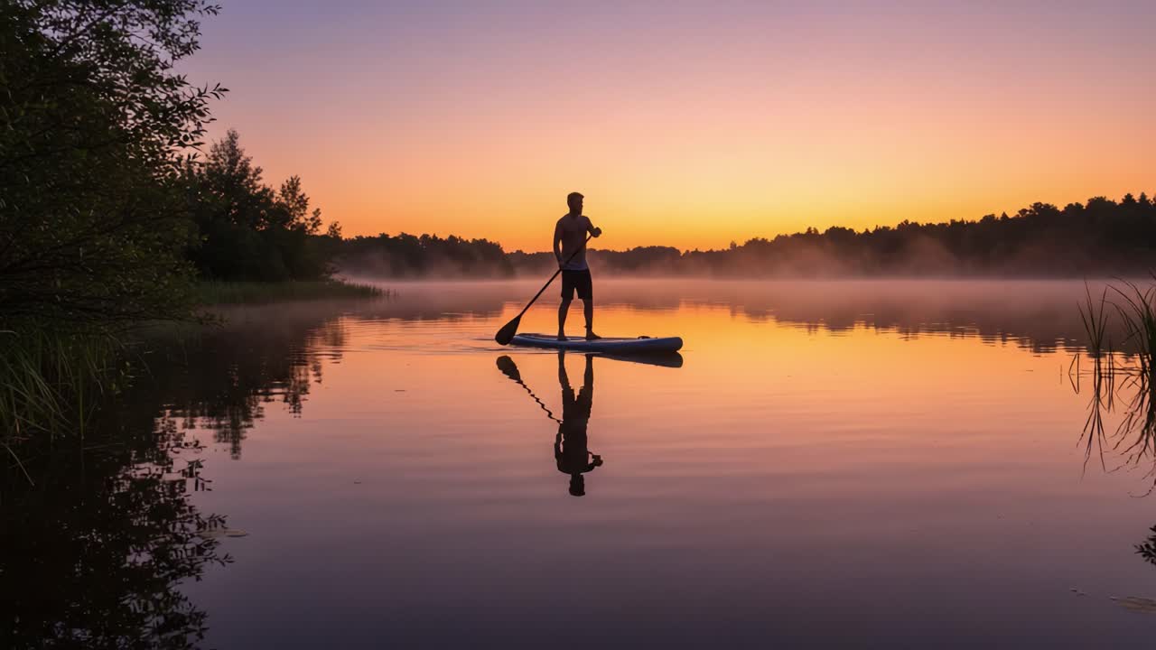 Paddleboarder su un lago tranquillo all'alba o al tramonto.