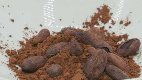 bowl of cocao beans and cocoa powder slowly turning