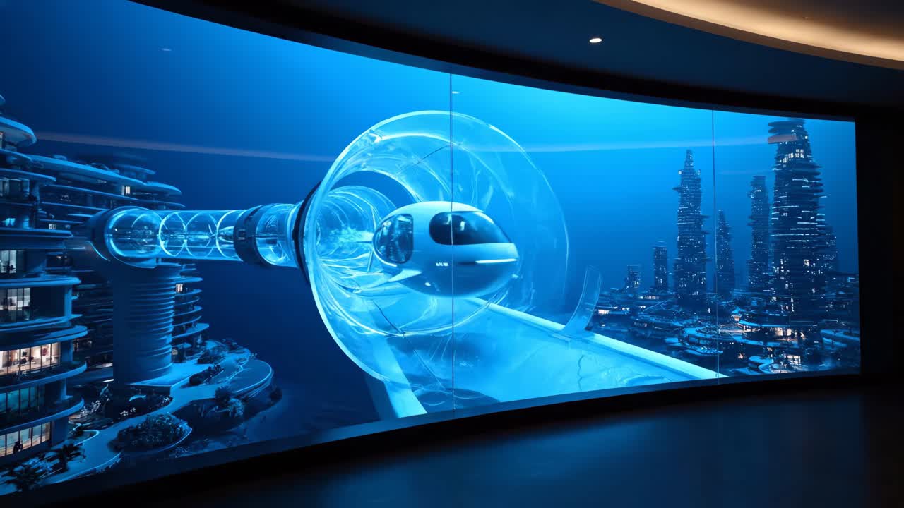 Futuristic Underwater City Transport on a Large Display