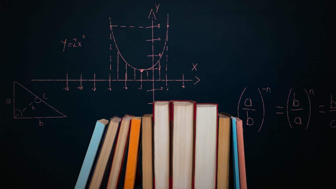 Pile of books and mathematical equations and graphs
