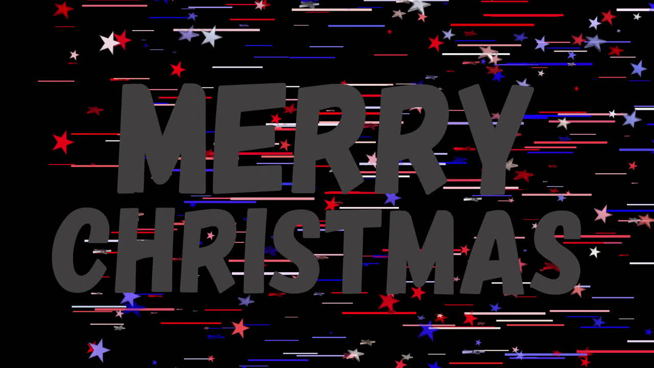 검은 바탕에 빨간색, 색, 파란색 별 위의 메리 크리스마스 텍스트 애니메이션