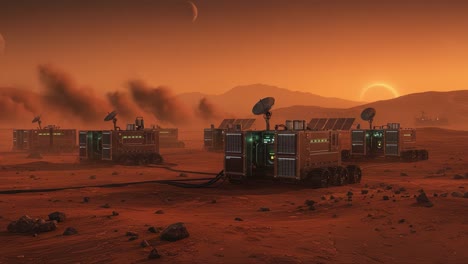 a martian colony landscape depicted in two frames, showcasing advanced habitats under a distant sun, revealing the harsh yet beautiful red planet environment
