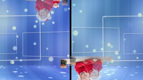 animación de senderos de luz y puntos con iconos y niño caucásico sobre fondo azul.