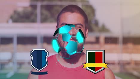 animation of neon soccer ball over team symbols and happy caucasian man