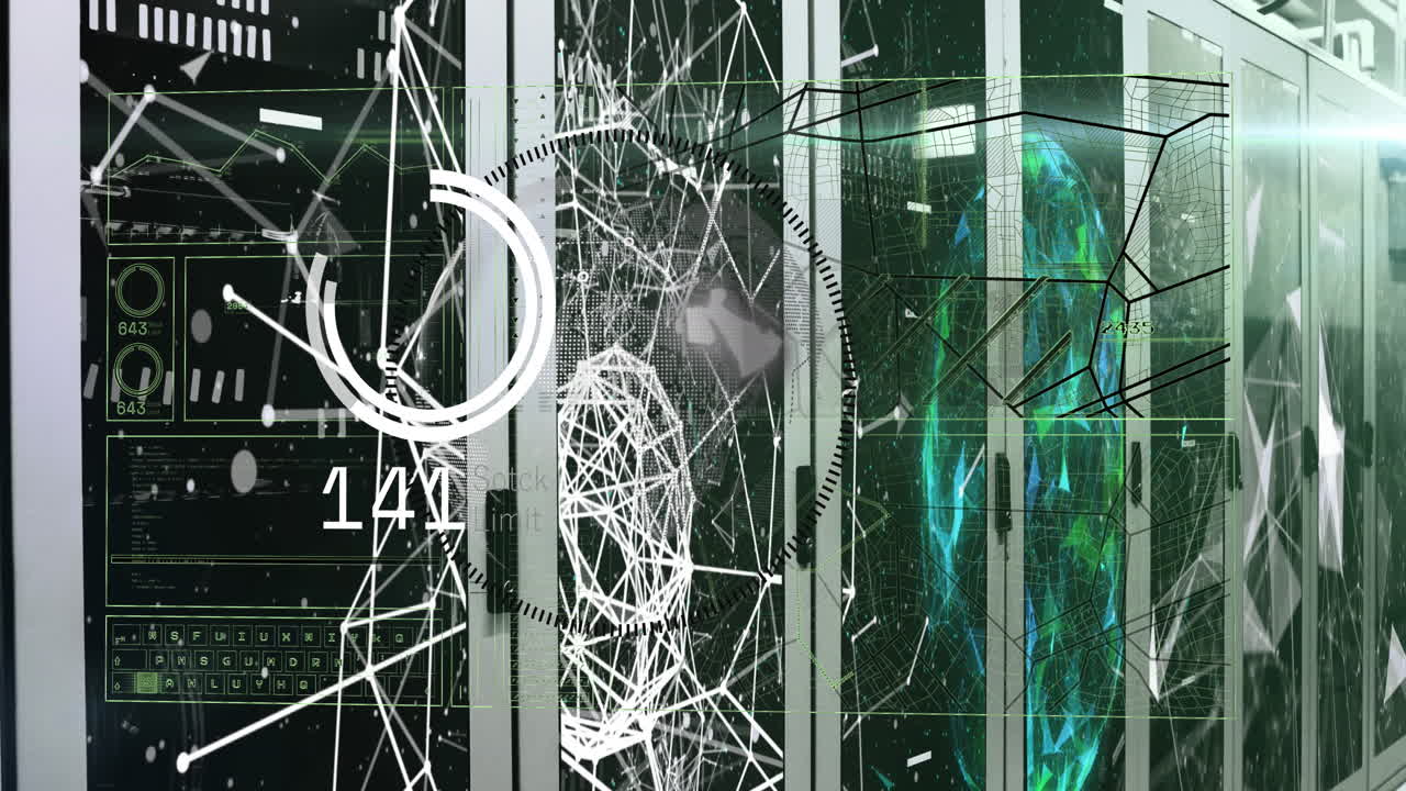 Animation of interface with data processing and plexus networks against computer server room