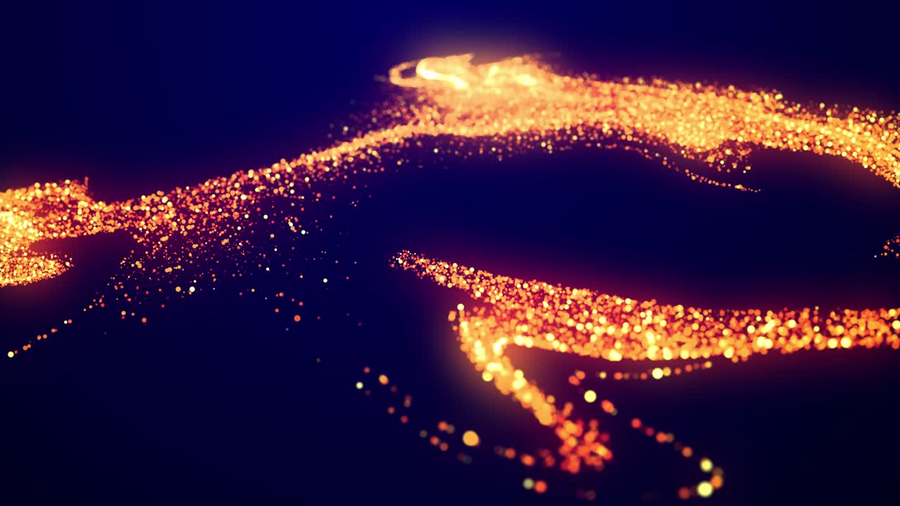 Abstract bg, golden magic glitters fly in air in slow motion and form beautiful swirls. Fiery sparkles float in viscous liquid. As alpha channel use luma matte. Sparkles in flow of turbulence force