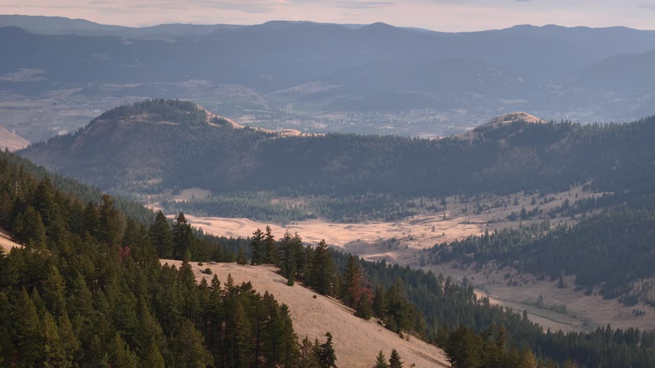 A Captivating Aerial Perspective of Harper Mountain's Environs near Kamloops: A Blend of Forests and Grassy Mountains