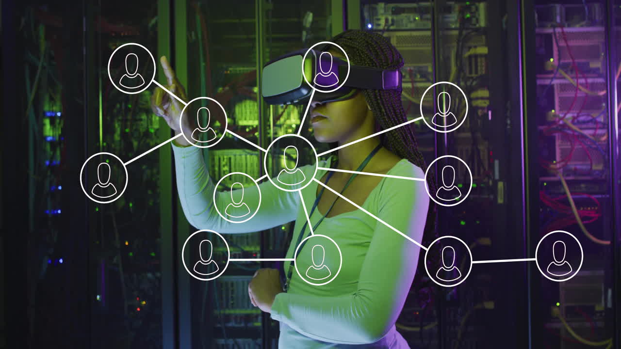 Using virtual reality headset, person exploring network connections in server room
