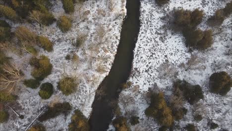 Toma-Aérea-De-Un-Río-En-Una-Prístina-Escena-De-Paisaje-Forestal-De-Invierno