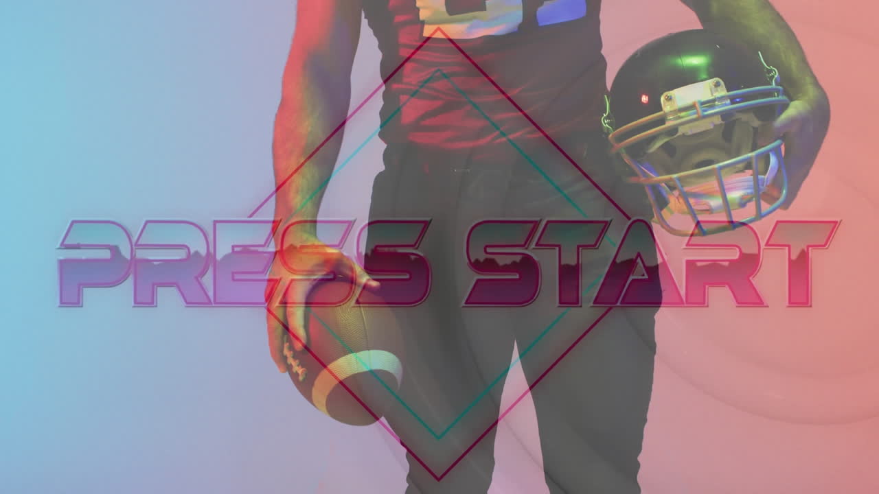 animación de prensa comienzo de texto sobre jugador de fútbol americano y diamantes de neón.