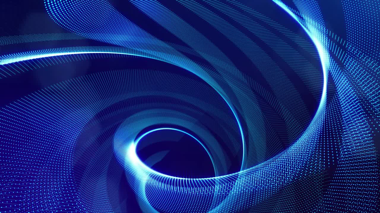 bg de alta tecnología azul con partículas de brillo forman una estructura espiral compleja. espacio digital de ciencia ficción en bucle 3d, las partículas forman líneas y ondas de superficie. concepto de flujo de información de alta tecnología, blockchain. dof