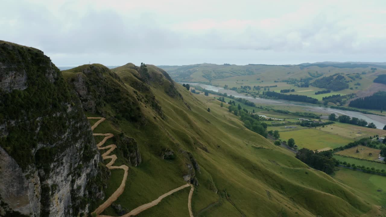 Moody aerial over Te Mata Peak in Hawkes Bay, showing the remnants of an old track