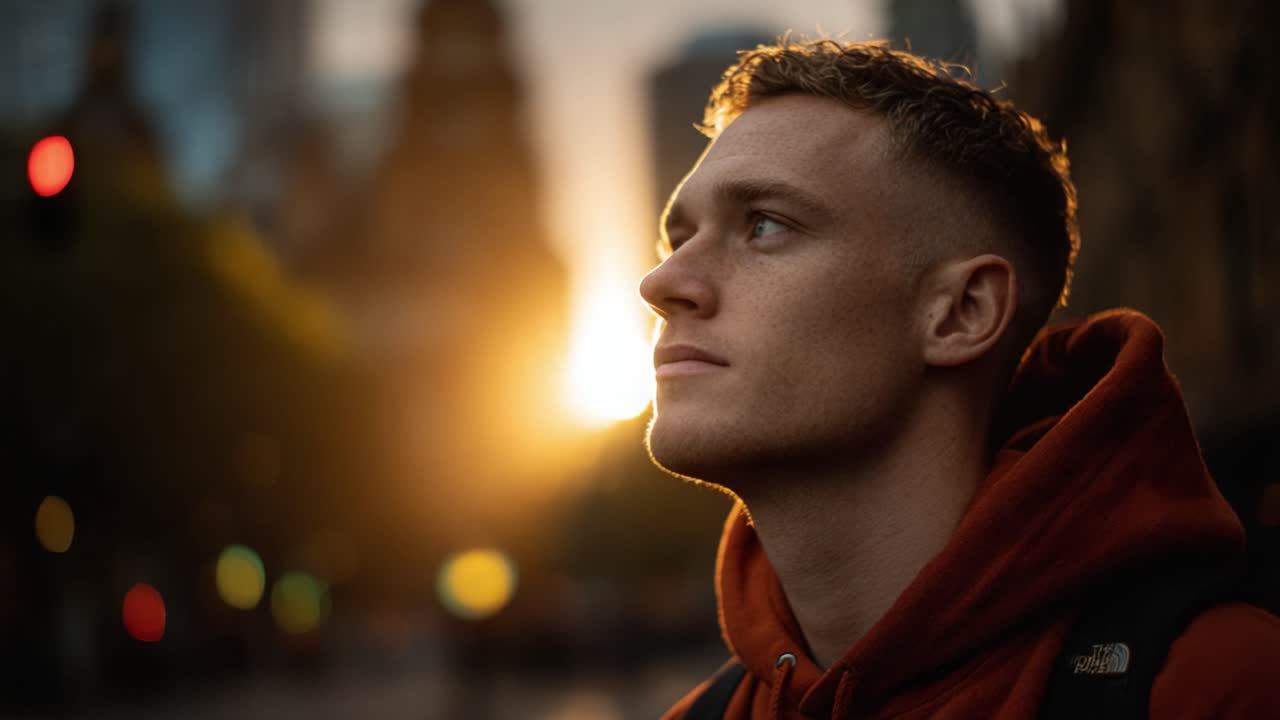 A contemplative moment captured as a young man gazes into the distance, illuminated by a stunning sunset that bathes the city in warm golden light