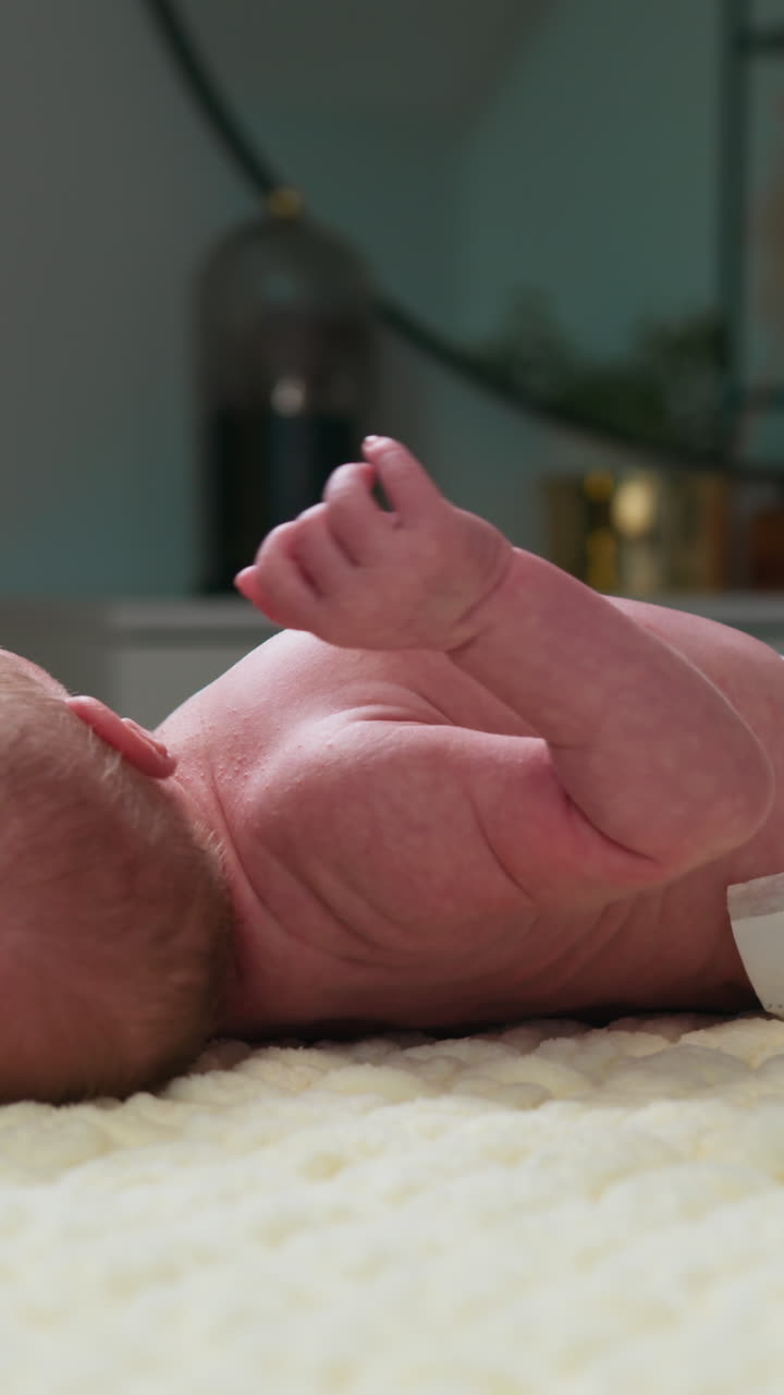 Primer plano de un recién nacido al que uno de sus progenitores le está poniendo el pañal, centrándose en los pequeños pies y las suaves manos durante el proceso