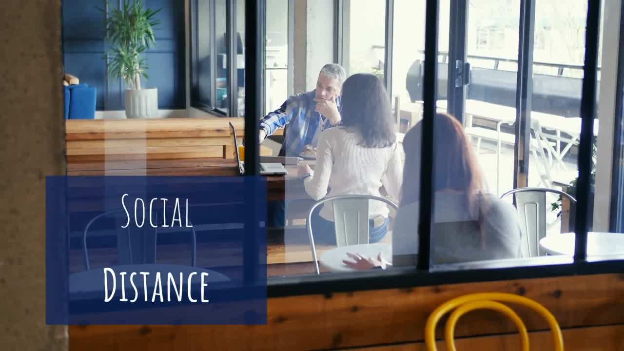 커피 ⁇ 에서 일하는 백인 사람들에 대한 사회적 거리 표지판의 애니메이션