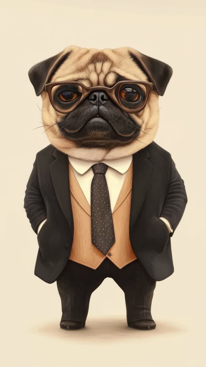 A whimsical illustration of a pug in a suit and glasses, captured from a front angle