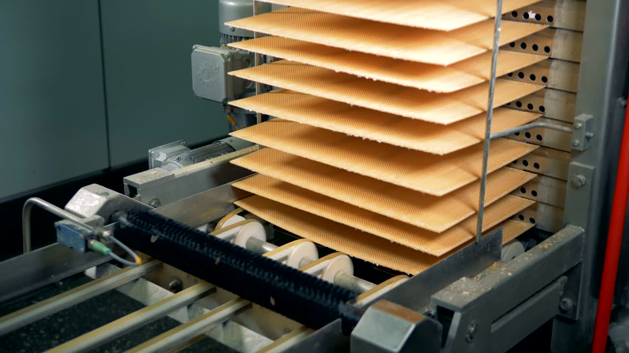 와플을 위한 반죽은 컨베이어에 옮겨지고 모양이 됩니다.