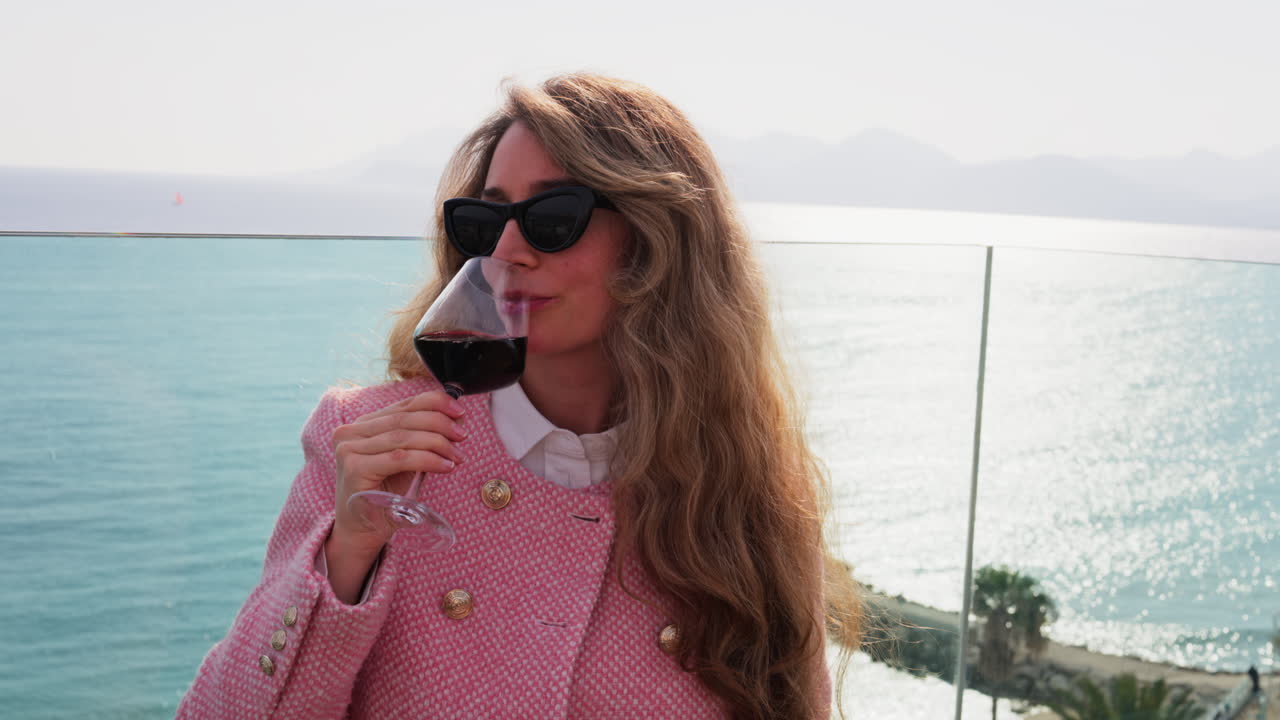 Close up of a woman in a pink blazer, drinking a glass of red wine on a table at a terrace with a sea view