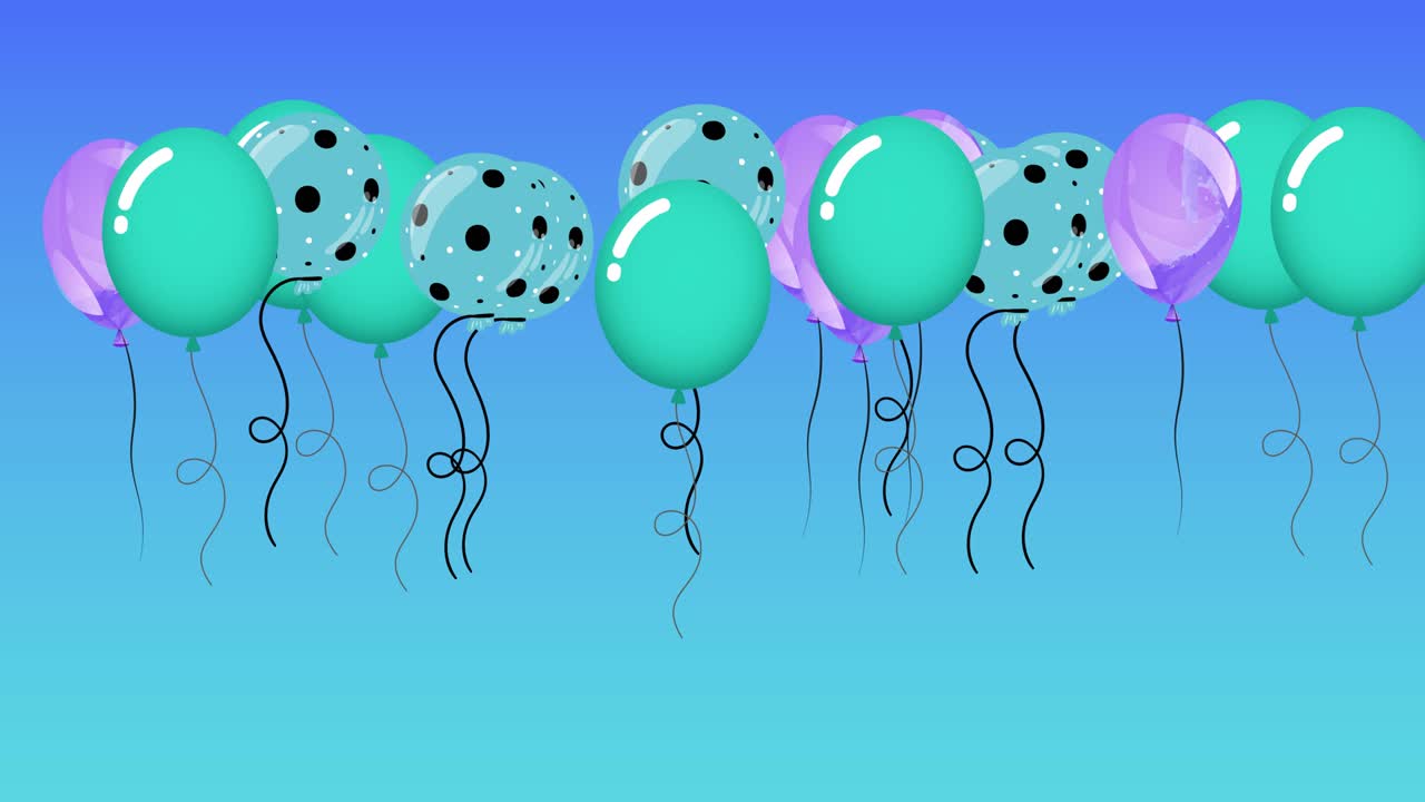파란색 배경에  ⁇ 는 다채로운 풍선의 애니메이션