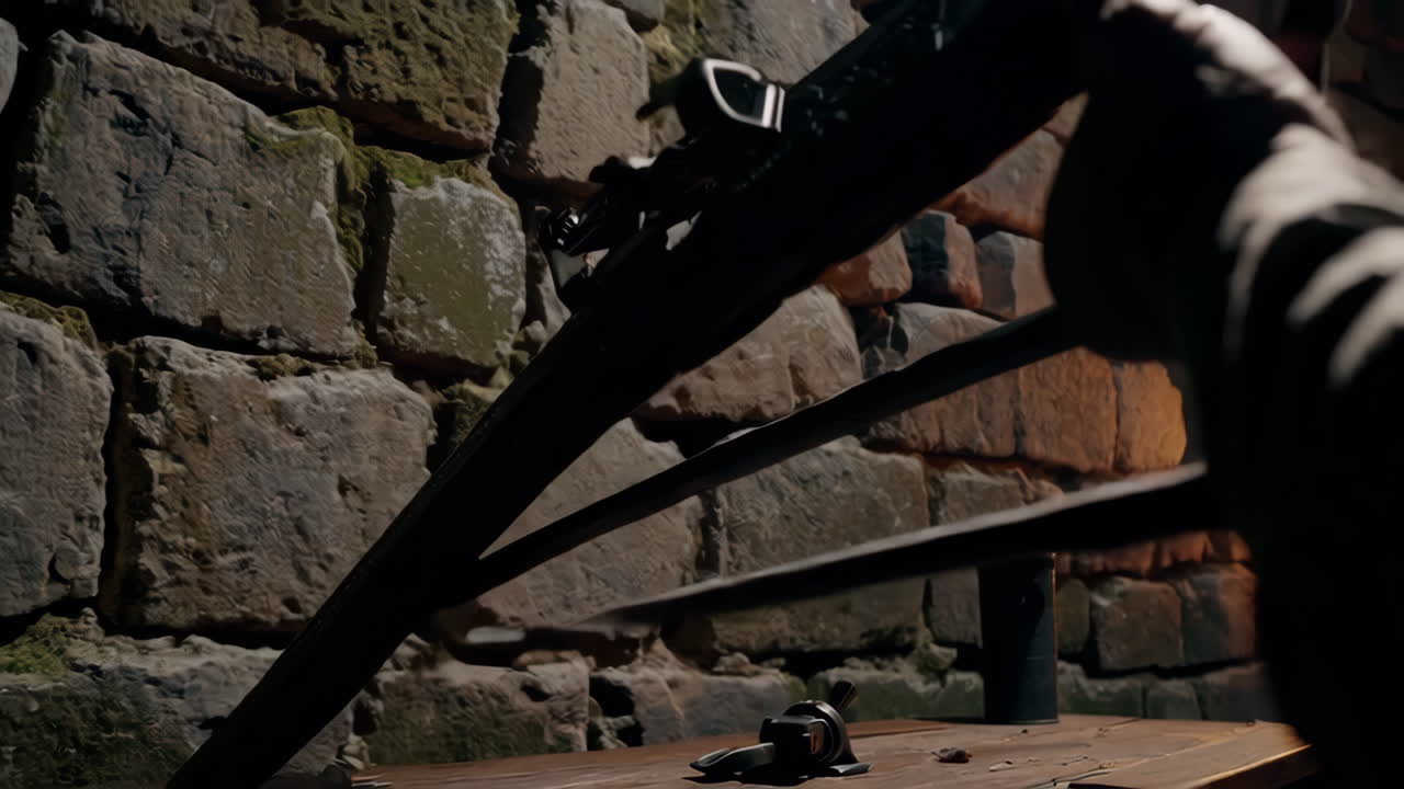 Person handling a medieval firearm in a dark room with a stone wall and fireplace