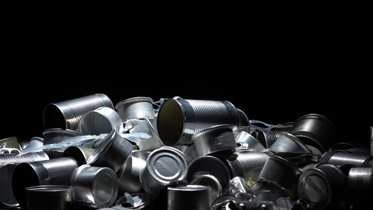 Metal tins, cans and jar garbage from household on the table. City home trash made of aluminum. Empty used, food and drink steel packaging waste and scrap discarded sorted and ready to recycle.