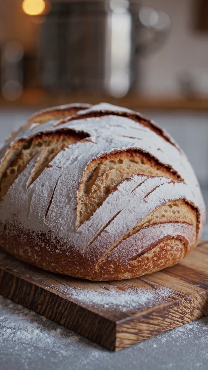 Close-up of artisan bread on a wooden board, showcasing detailed crust texture