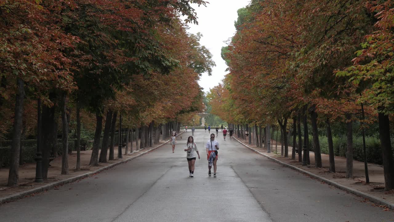 Retiro Park in Autumn. People walk and bonding friendhsips. Others running. Enjoying nature in city of Madrid.