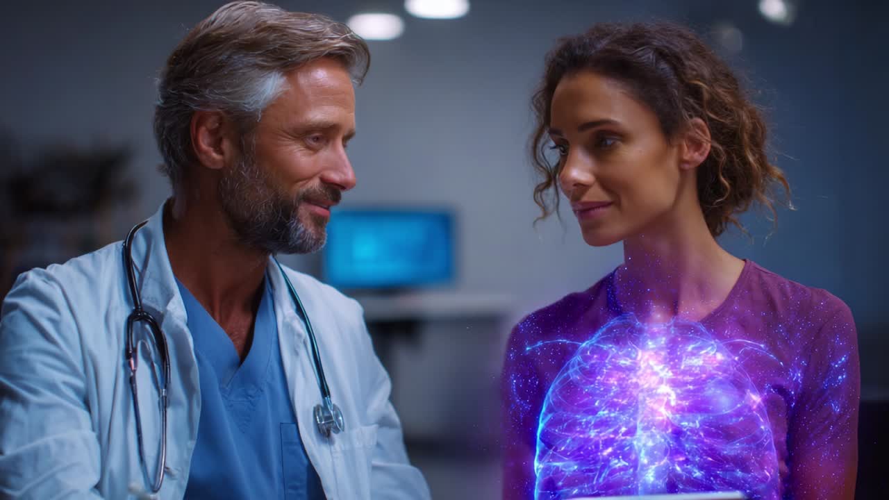 A Compassionate Consultation Between a Doctor and Patient, Featuring a Futuristic Visualization of the Patient's Lungs, Symbolizing Innovative Medical Technology and Advanced Healthcare Solutions