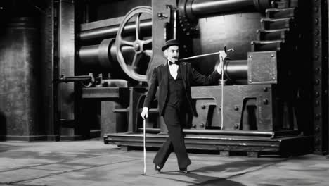 man in a suit walking in a factory setting