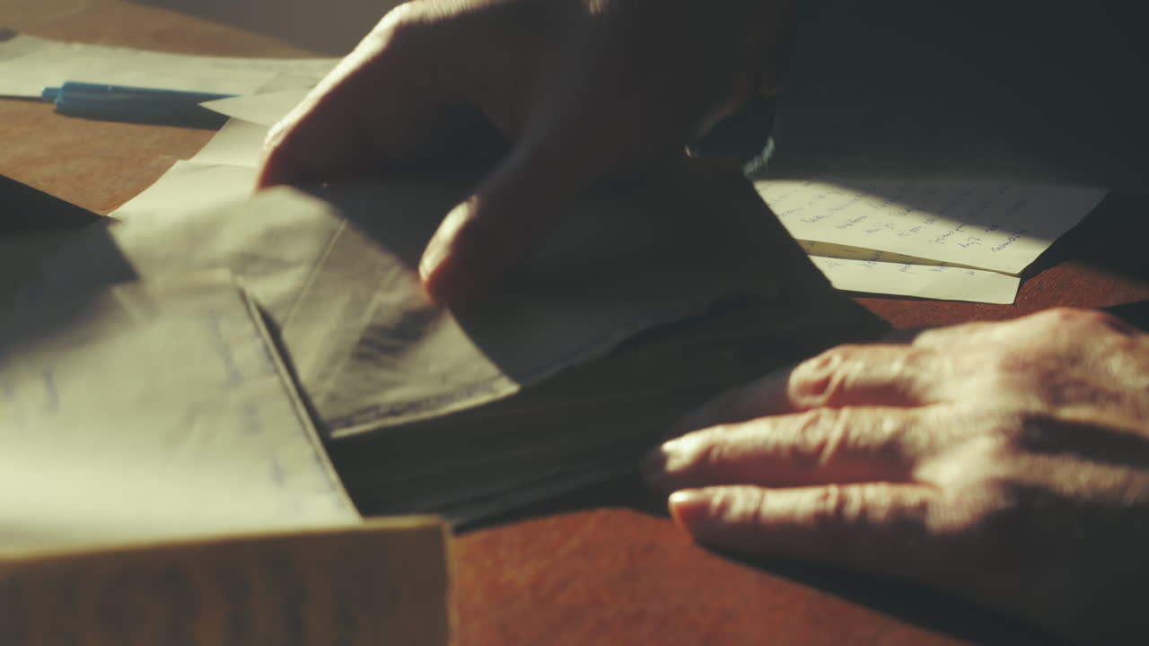 Close-up of hands reading old handwritten letters under warm light. Useful for storytelling visuals, history themes, research scenes and reflective moments