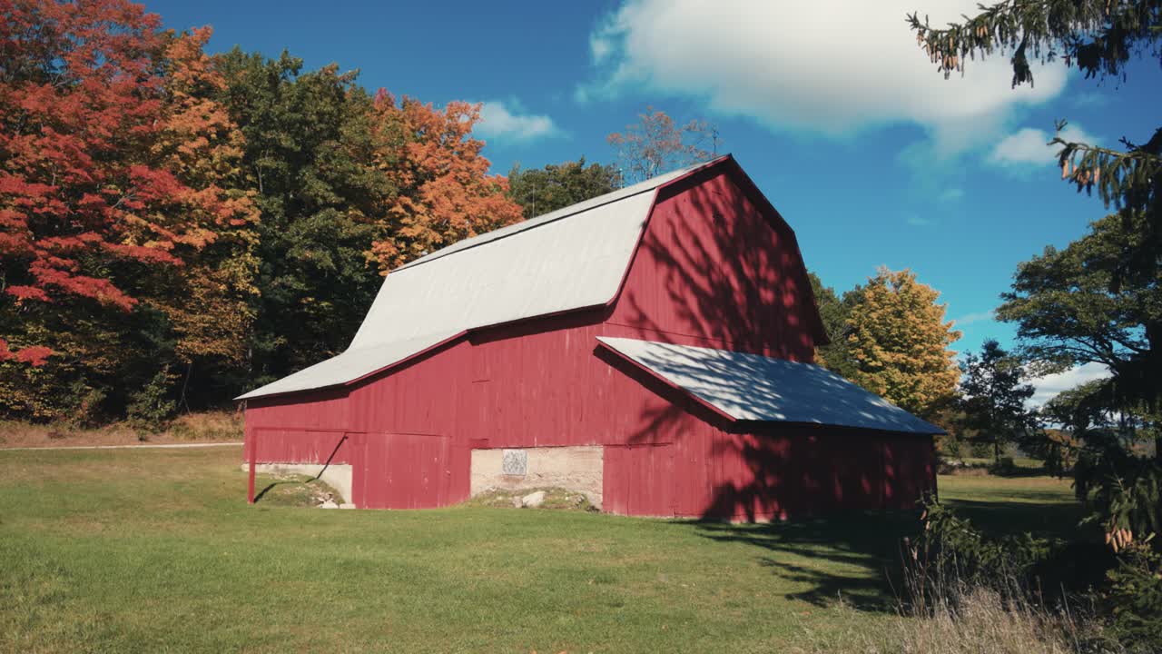 Red barn in rural Michigan during fall colors