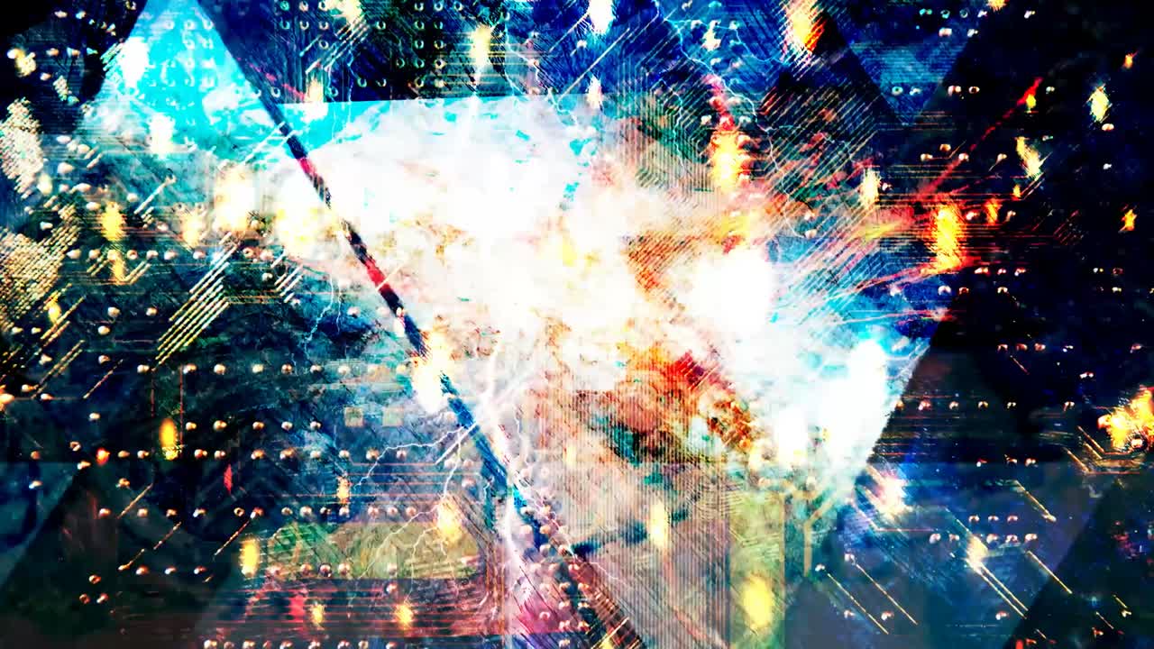 떨어지는 불꽃과 삼각형으로 추상적인 회로 보드 - 4k 원활한 루프 모션 배경 애니메이션