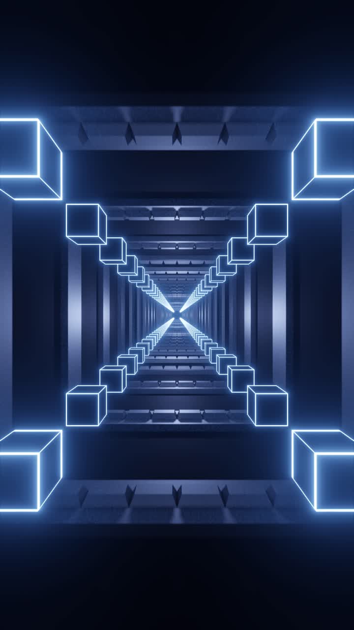 3D render of glowing blue cubes tunnel design