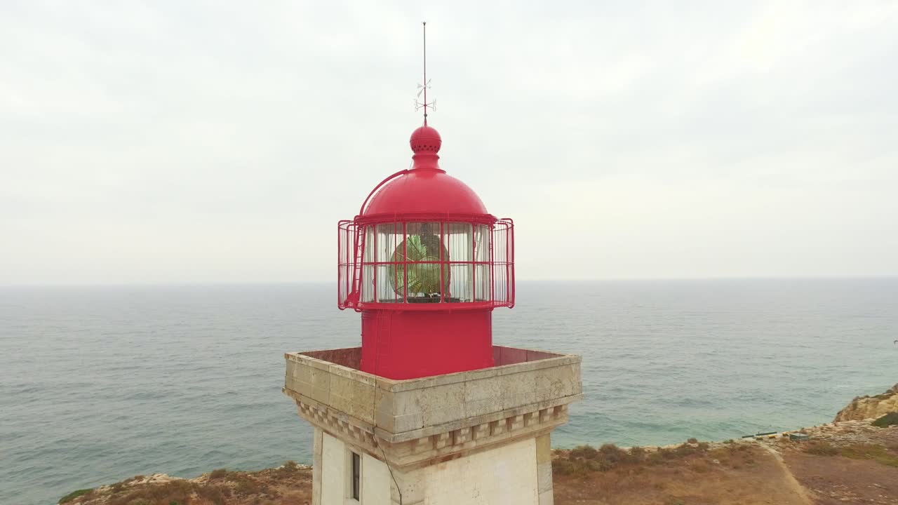 Aerial View of a Red Lighthouse