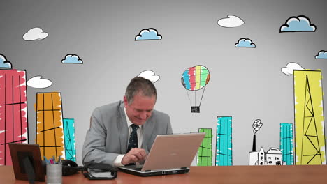 content businessman working in front of animated city