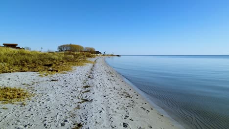 cloudless blue skies along a stretch of coastline with calm waters in kuznica poland - forward panning shot